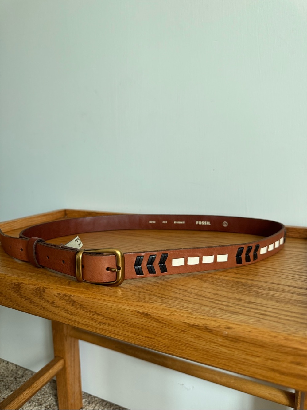 Fossil Brown Leather Belt with Black and Cream Accents